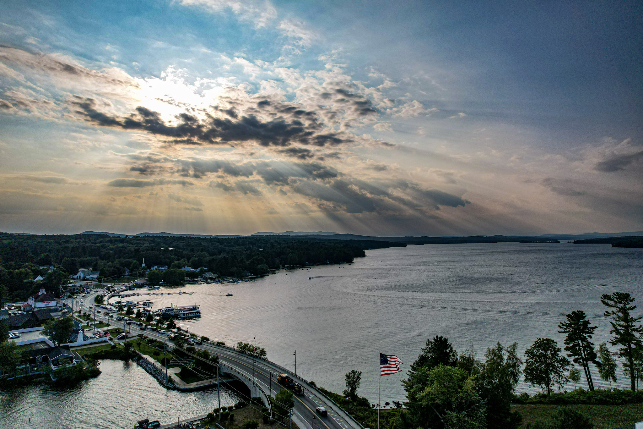 Naples Causeway at sunset, Sebago Lake region